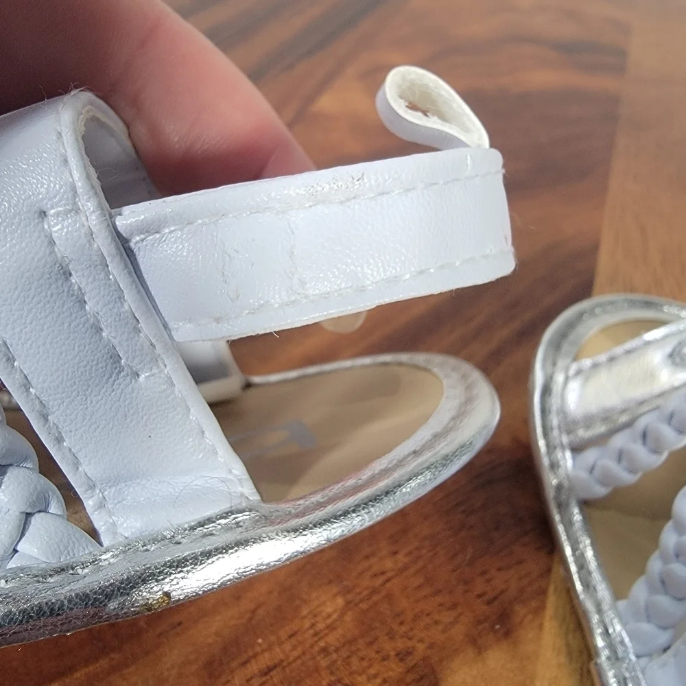 Bebe Silver and White Sandals Toddler Size 2 Braided With Ankle Strap